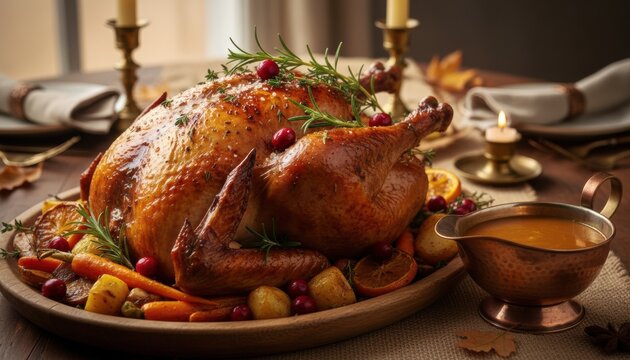 Golden roasted holiday turkey with vegetables showcasing festive feast prepared for thanksgiving or christmas gathering