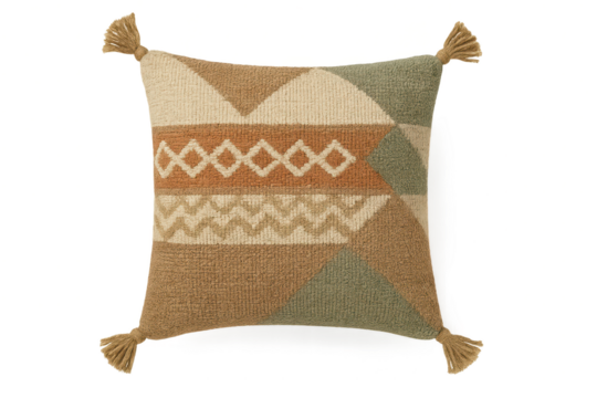 Cozy textured geometric throw pillow with tassels, transparent background.