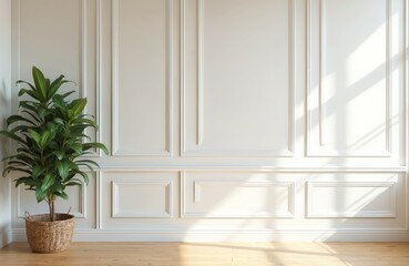 Fototapeta premium Empty room with white paneled wall and green potted plant. Natural light streams from window casting shadows on wooden floor. Minimalist interior design promotes calm and airy feel.