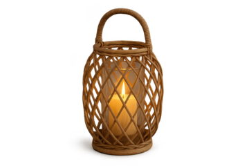 Wicker lantern with lit candle inside, isolated on transparent background, cozy