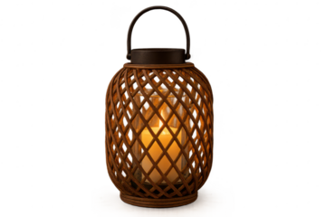 Wicker lantern with a glowing candle isolated on transparent background, warm light.
