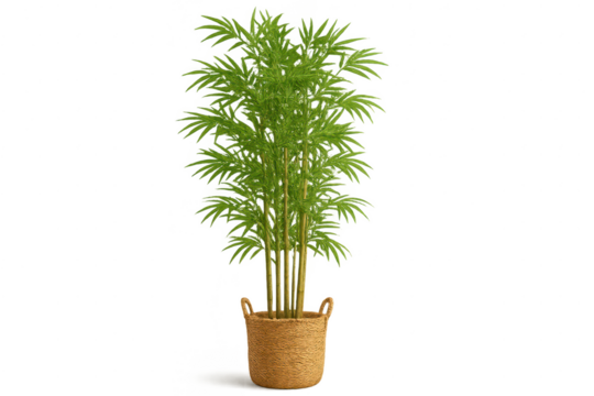 Beautiful Areca palm houseplant in a woven basket, isolated on transparent background