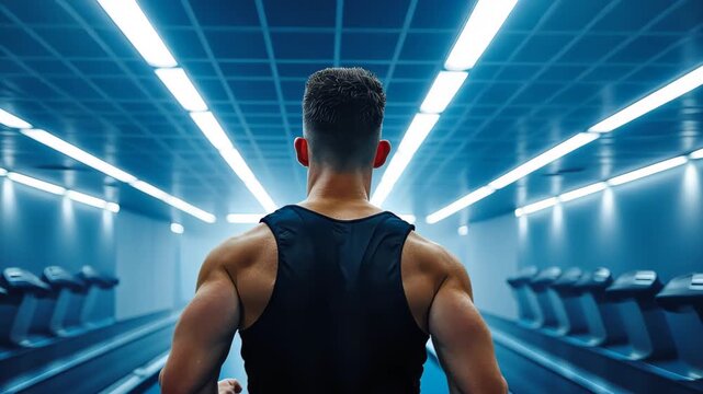 Road to Physicality: Capturing a muscular athlete&rsquo;s journey to fitness with determined strides forward in the gym.