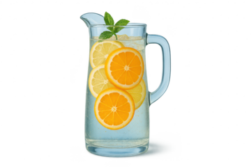 Refreshing citrus water with lemon and orange slices, isolated subject.