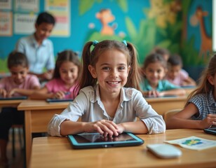 Cheerful young girl uses tablet computer in class. Students study with devices at desks with teacher supervising in background. Digital learning classroom lesson. Pupils smile and enjoy e-education.
