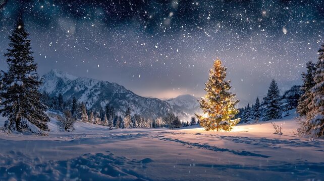 A winter twilight, brilliant starry sky, gentle snow falling, beautifully lit Christmas tree with warm yellow lights. Silhouetted snow-covered hills and trees. Peaceful, festive