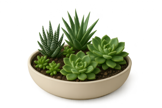 Variety of green succulents in a round pot, isolated on transparent background.