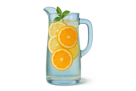Refreshing citrus water with lemon and orange slices, isolated subject.