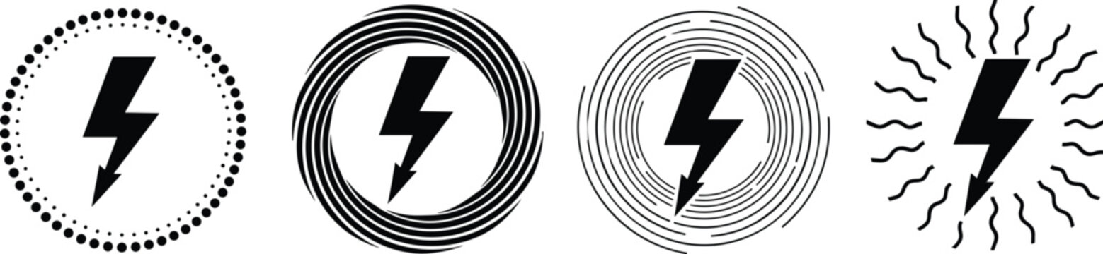 Lightning Bolt Icon Set in Circle Designs Showing Electrical Power, Voltage, Warning, Energy, Danger, Shock, and Electric Current Symbols