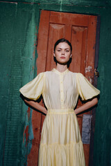 woman portrait dress vintage standing confident in doorway with authenticity and inclusivity,...
