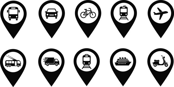 Set of Transportation Vehicle Location Pin Icons Including Bus, Car, Train, Airplane, Bicycle, Ship, and Delivery Truck Map Pointers