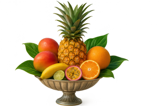Colorful collection of fresh tropical fruits in an ornate silver bowl, isolated on transparent background. - Powered by Adobe