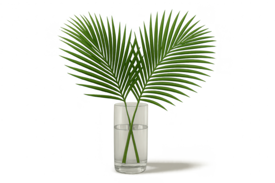 Two lush green palm fronds in a glass vase, isolated on transparent background