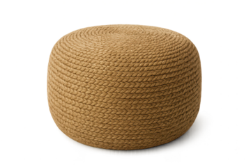 Stylish round knitted pouf made of natural fibers isolated on transparent background