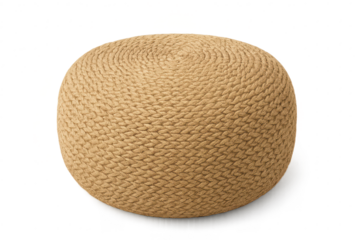 Stylish round woven jute pouf ottoman isolated on transparent background