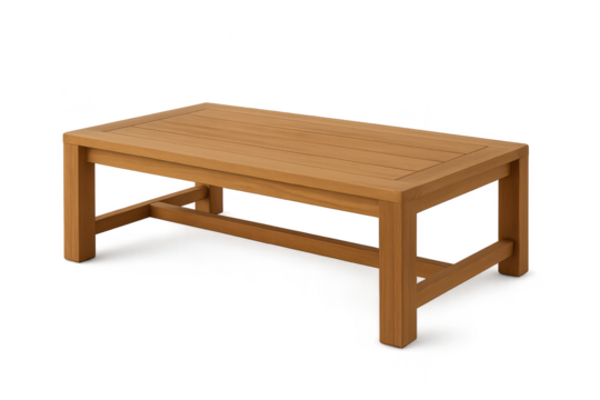 Rectangular wooden patio coffee table with slats, isolated on transparent background.