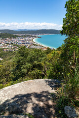 Bombinhas and Bombas beaches with buildings, mountains and forest