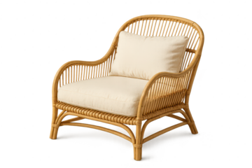 Inviting rattan armchair with cream cushions, isolated on transparent background