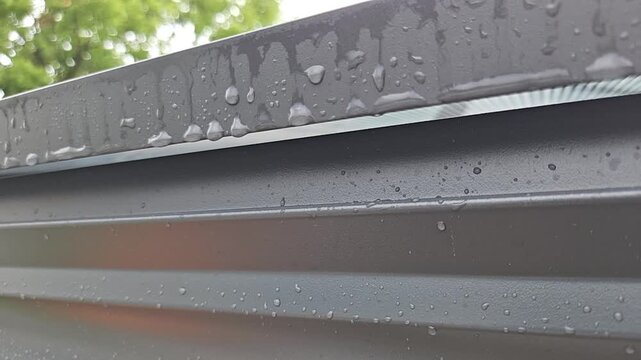 Raindrops slowly fall from the edge of a grey metal roof, one by one, against a blurred background.