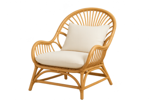 Elegant rattan armchair with cream cushions isolated on transparent background