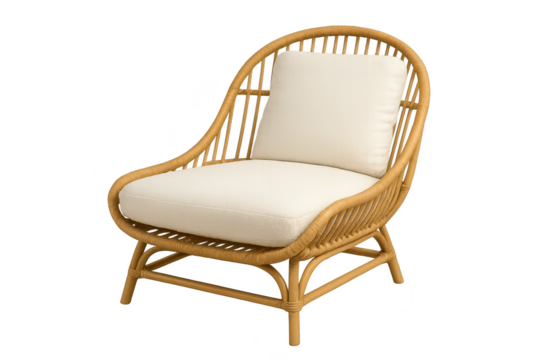 Stylish rattan wicker chair with cream cushions isolated on transparent background