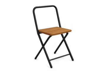 Modern folding chair, wooden seat, black frame, transparent background, isolated.