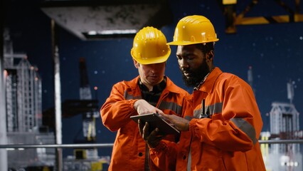 Offshore oil rig engineers using walkie talkie to monitor drilling operations, ensuring safety with...