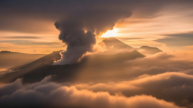 dramatic atmospheric clouds and volcanic steam rising from Gunung Kerinci Jambi at sunrise