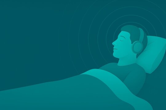 Man sleeping in bed wearing headphones sound therapy illustration