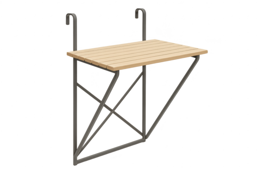 Compact wooden slatted balcony table with metal frame, cut-out subject. - Powered by Adobe