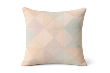 Soft pastel geometric patterned cushion isolated on transparent background, cozy
