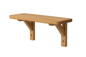 Solid oak wood wall mounted shelf or narrow bench isolated on transparent background