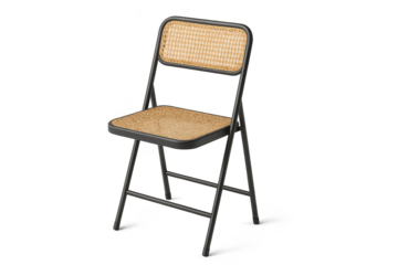 Modern folding chair with rattan seat and backrest, isolated on transparent background