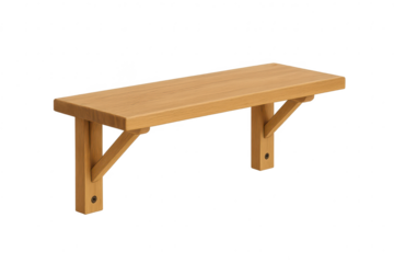 Wooden wall shelf with sturdy brackets, isolated on transparent background.