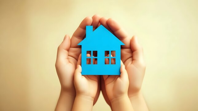 Pair of adult hands gently cupping and protecting a small, bright blue cutout silhouette of a house, symbolizing home ownership, security, and family care