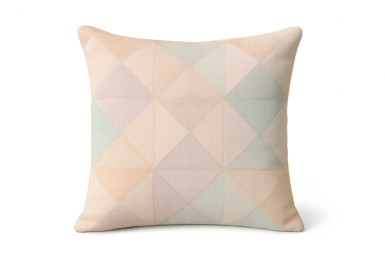Soft pastel geometric patterned cushion isolated on transparent background, cozy