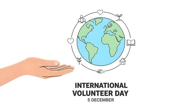 Illustration for international volunteer day on december 5th showing a hand offering the earth with recycling arrows, isolated on white background