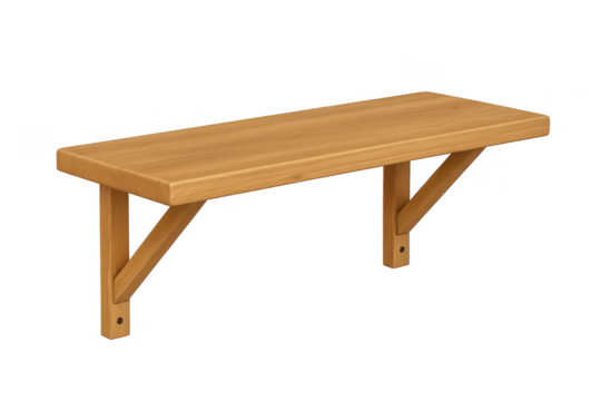 Modern wooden wall shelf with brackets isolated on transparent background