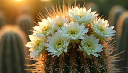 Blooming saguaro cactus flowers gleam in sunset light in Arizona desert. Spring season brings out desert blossom. Succulent plant blooms with white wildflowers. Cactus needles protect beauty of plant.