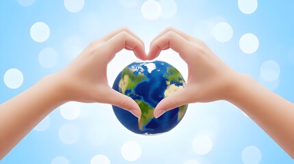 Two hands forming a heart shape around a small globe representing love, care, and protection for the planet earth against a light blue bokeh background