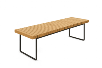 Modern wooden bench with metal legs isolated on transparent background, clean design