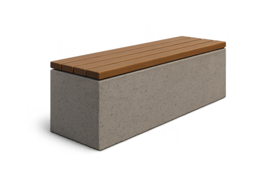 Modern concrete bench with wooden seat isolated on transparent background