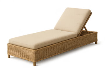 Elegant rattan sun lounger with beige cushions isolated on transparent backdrop