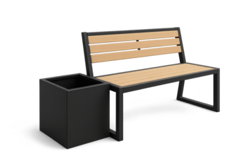 Modern park bench with planter box isolated on transparent background view