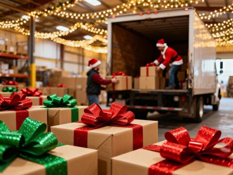 Delivery of holiday gifts in a warehouse with festive decorations while workers prepare packages for distribution during the Christmas season