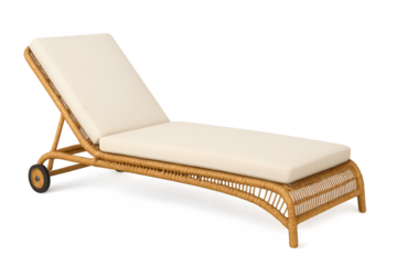 Elegant rattan sun lounger with cream cushions isolated on transparent background.