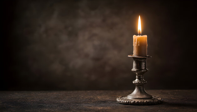 A single lit candle on a metal candlestick in a dark, moody setting.