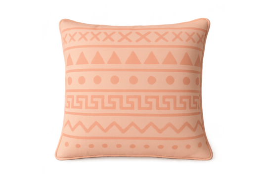 Beige decorative pillow with geometric patterns isolated on transparent background