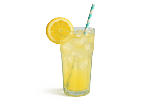 Refreshing lemonade with lemon slice isolated on transparent background, cool drink