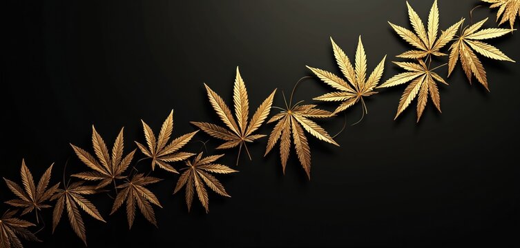 Golden marijuana leaves lay on black surface. Cannabis foliage creative ornamental element for banner. Legal hemp industry concept for mockup. Abstract background design with gold cannabis plant for